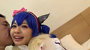 Cosplaying Asian babe rides cowgirl and gets cumshot on her small tits
